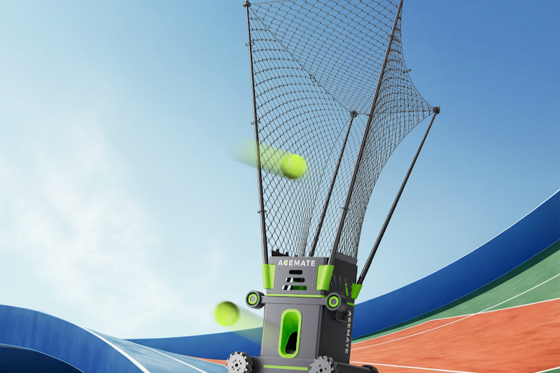 Acemate tennis ball machine feeding balls on a colorful outdoor tennis court
