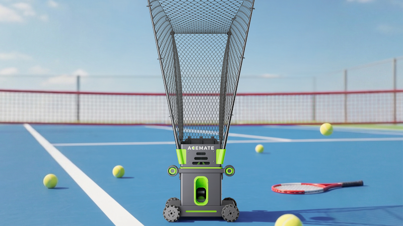 Acemate tennis ball machine on a blue hard court with tennis balls and rackets