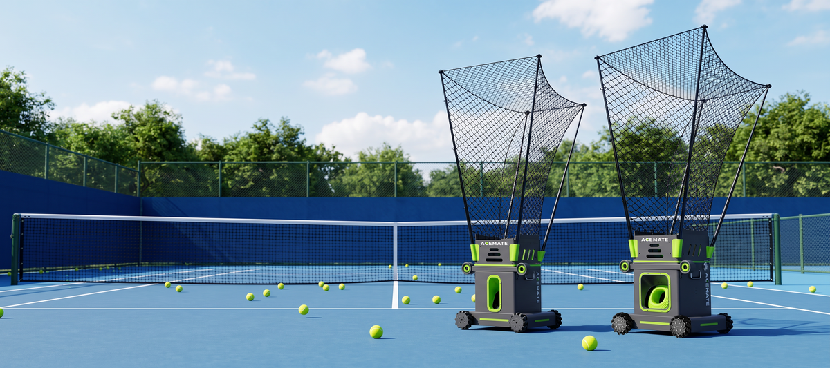 Acemate S10 Pro and S10 tennis robots on a hard court
