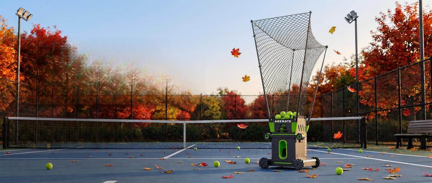 Acemate S10 tennis robot on an autumn tennis court