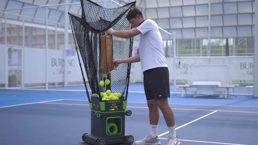 S10 Pro with tennis balls loaded in its hopper, from the official product film