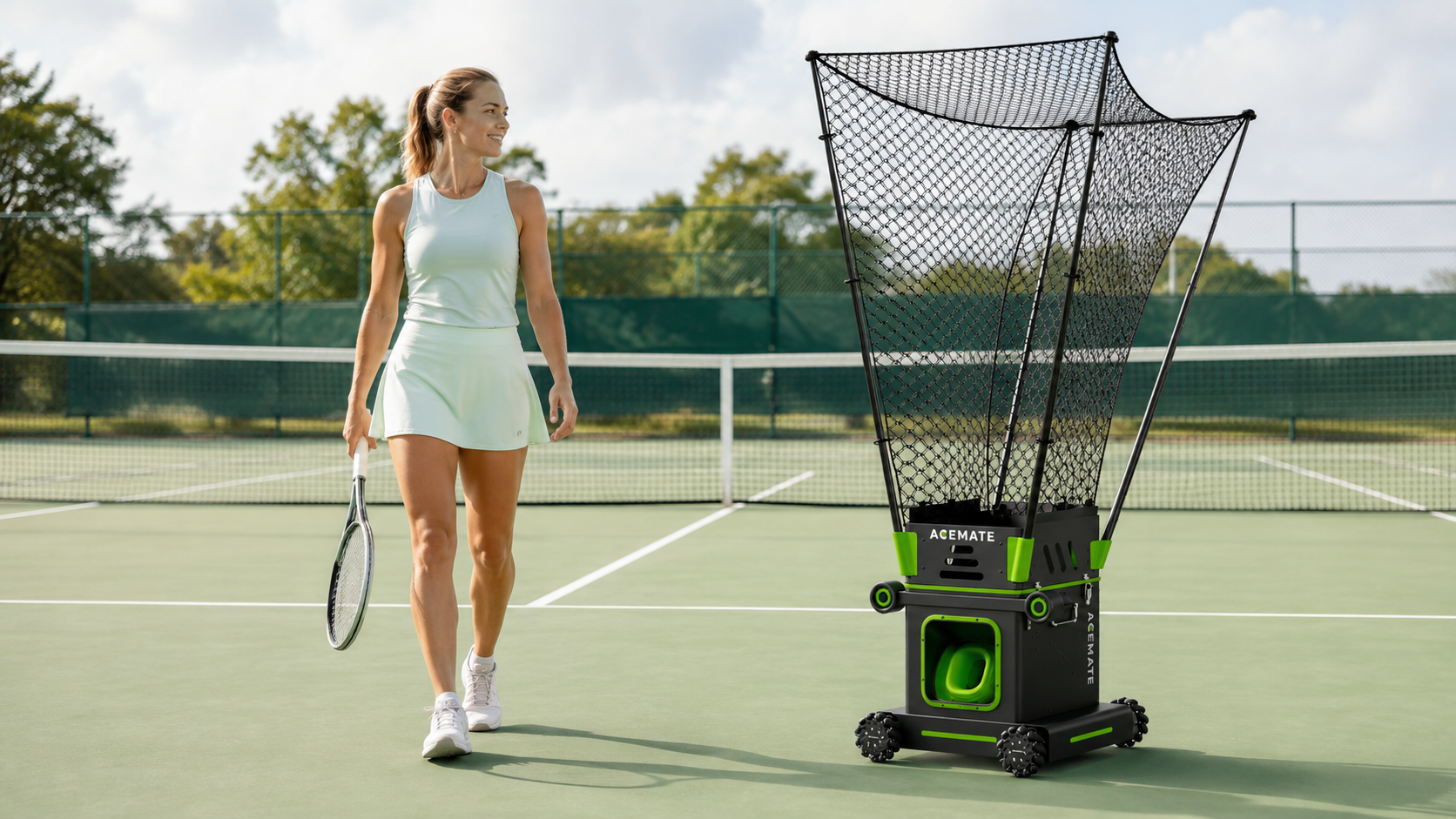 A tennis player with an Acemate robot on court