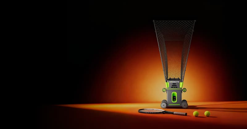 Acemate tennis ball machine with a racket and tennis balls in a dramatic studio setting
