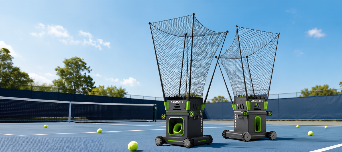 Acemate S10 Pro and S10 tennis robots on a hard court