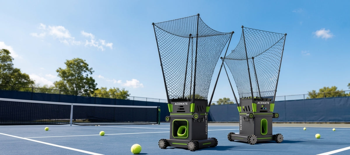 Acemate S10 Pro and S10 tennis robots on a hard court