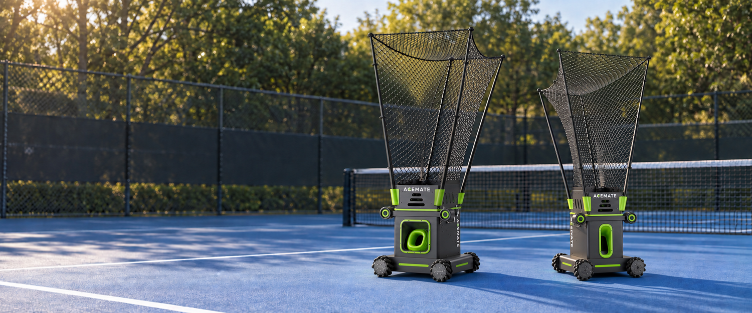 Acemate S10 Pro and S10 tennis robots on a hard court