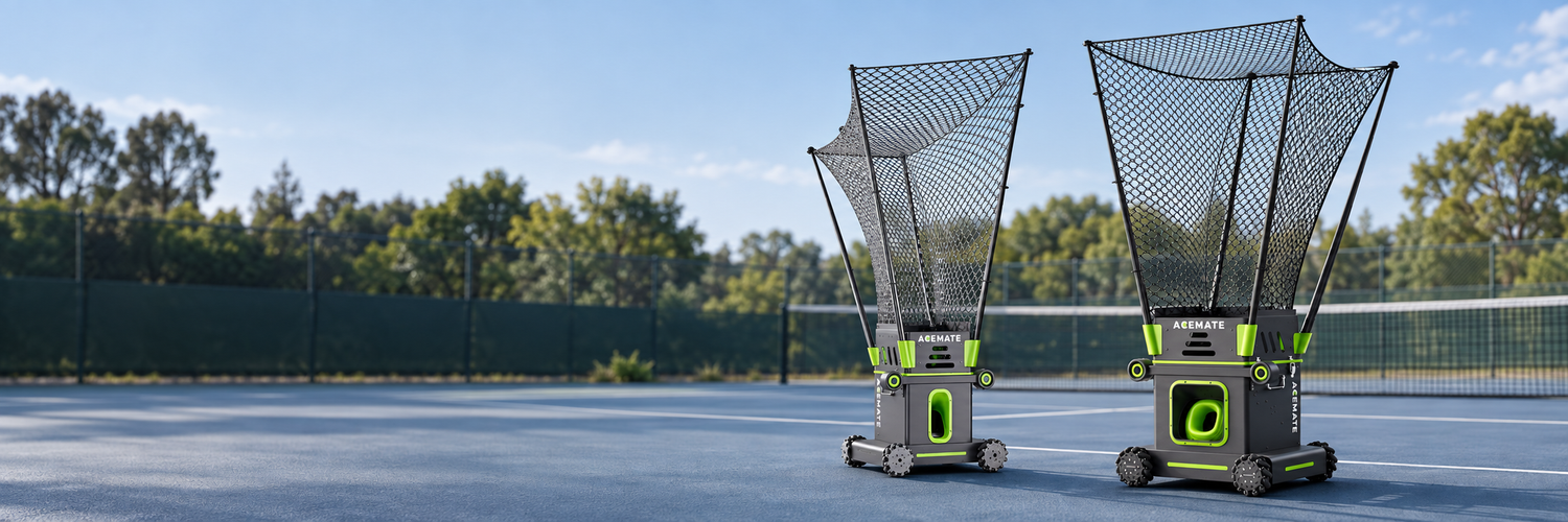 Acemate S10 and S10 Pro tennis robots on a sunlit hard court