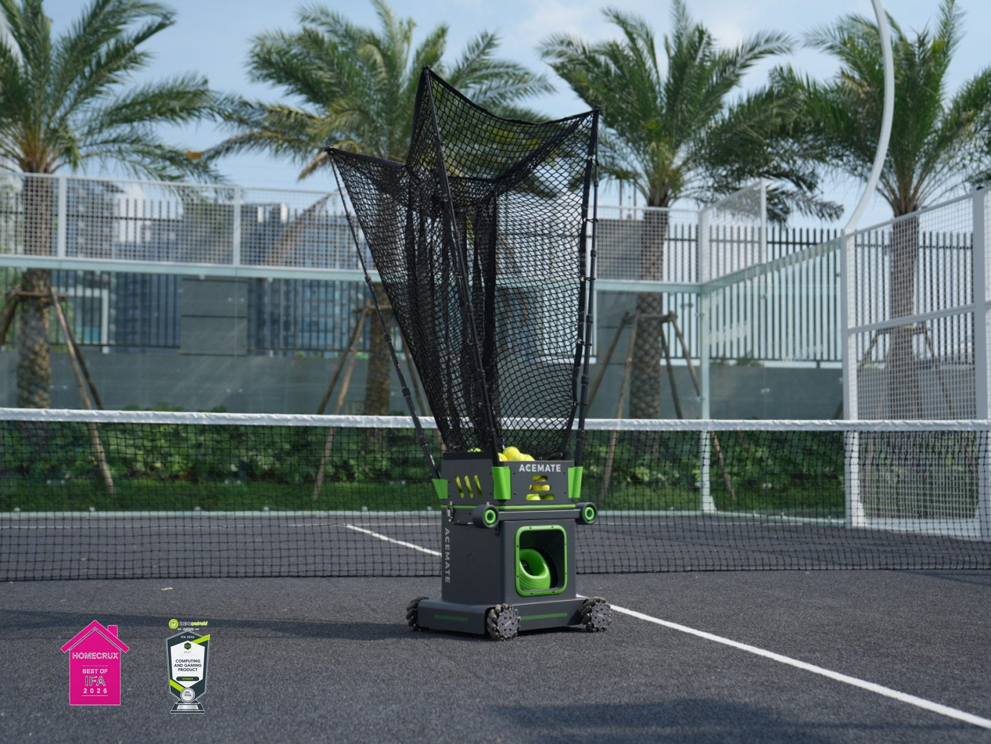 ACEMATE AI tennis ball machine on an outdoor court.