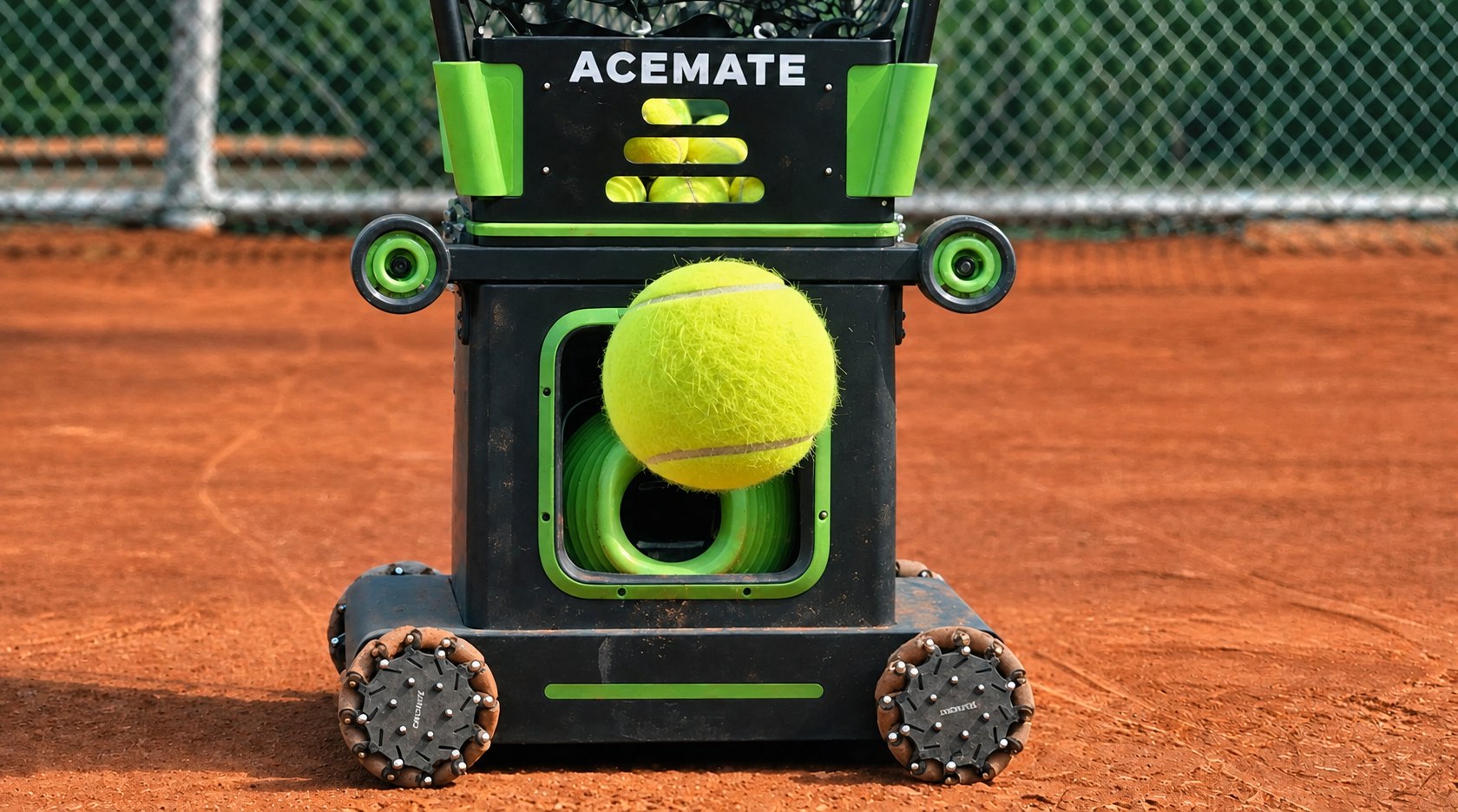 ACEMATE tennis ball machine launching a ball on a clay court.