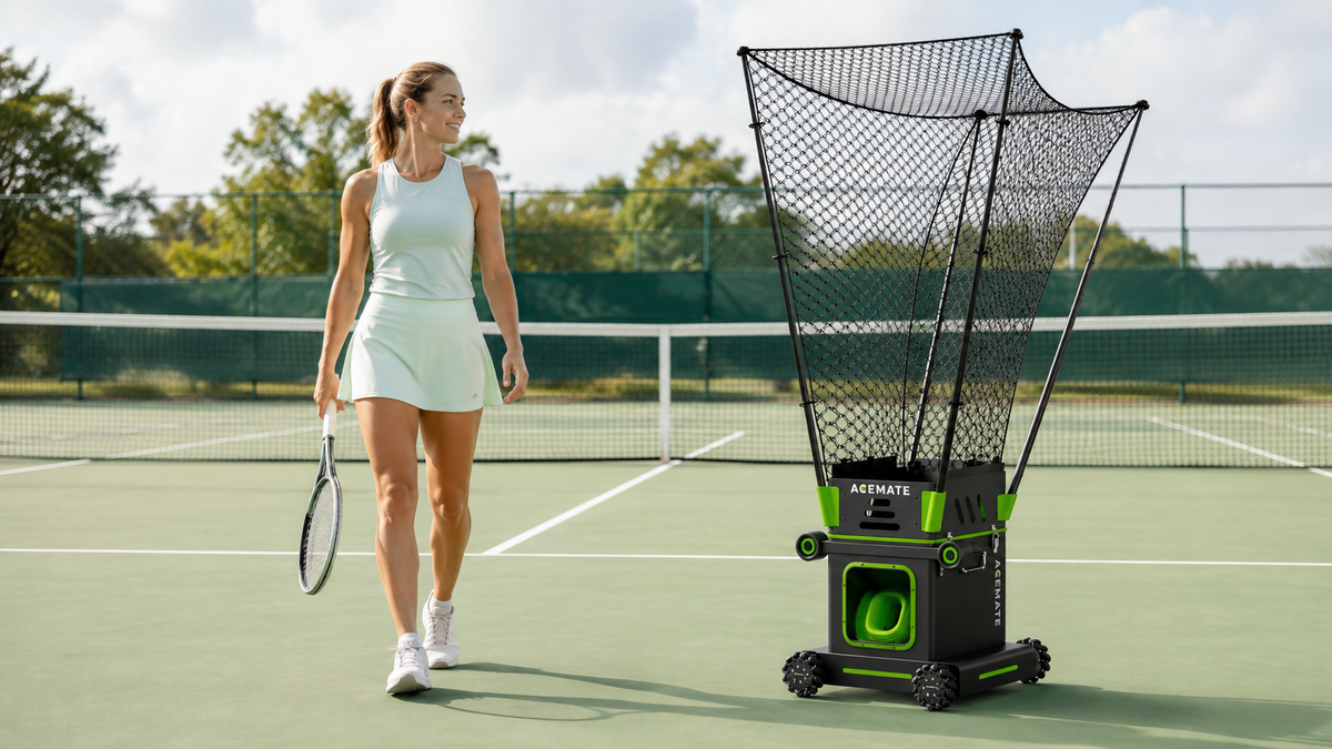 A tennis player beside an Acemate S10 Pro tennis robot on a sunlit court