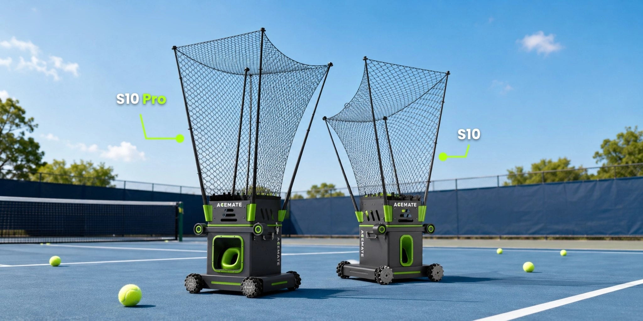 Acemate S10 Pro (left) and S10 (right) tennis robots on an outdoor court.